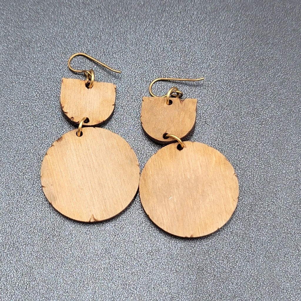 Pierced Earrings Laser Burned Geometric Wood Dangle Statement 2.25"