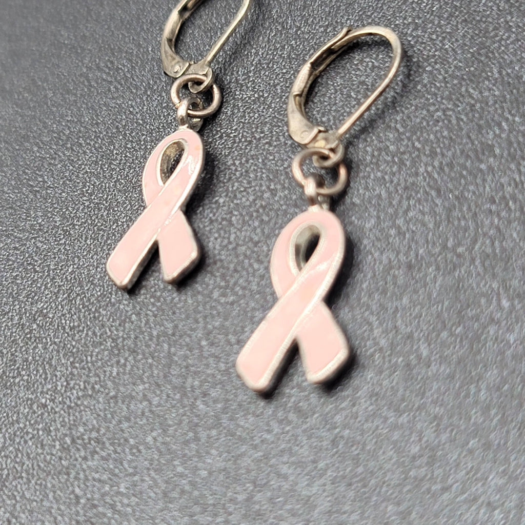 Pierced Earrings Silver tone Pink Enamel Breast Cancer Awareness Ribbon 3/4"