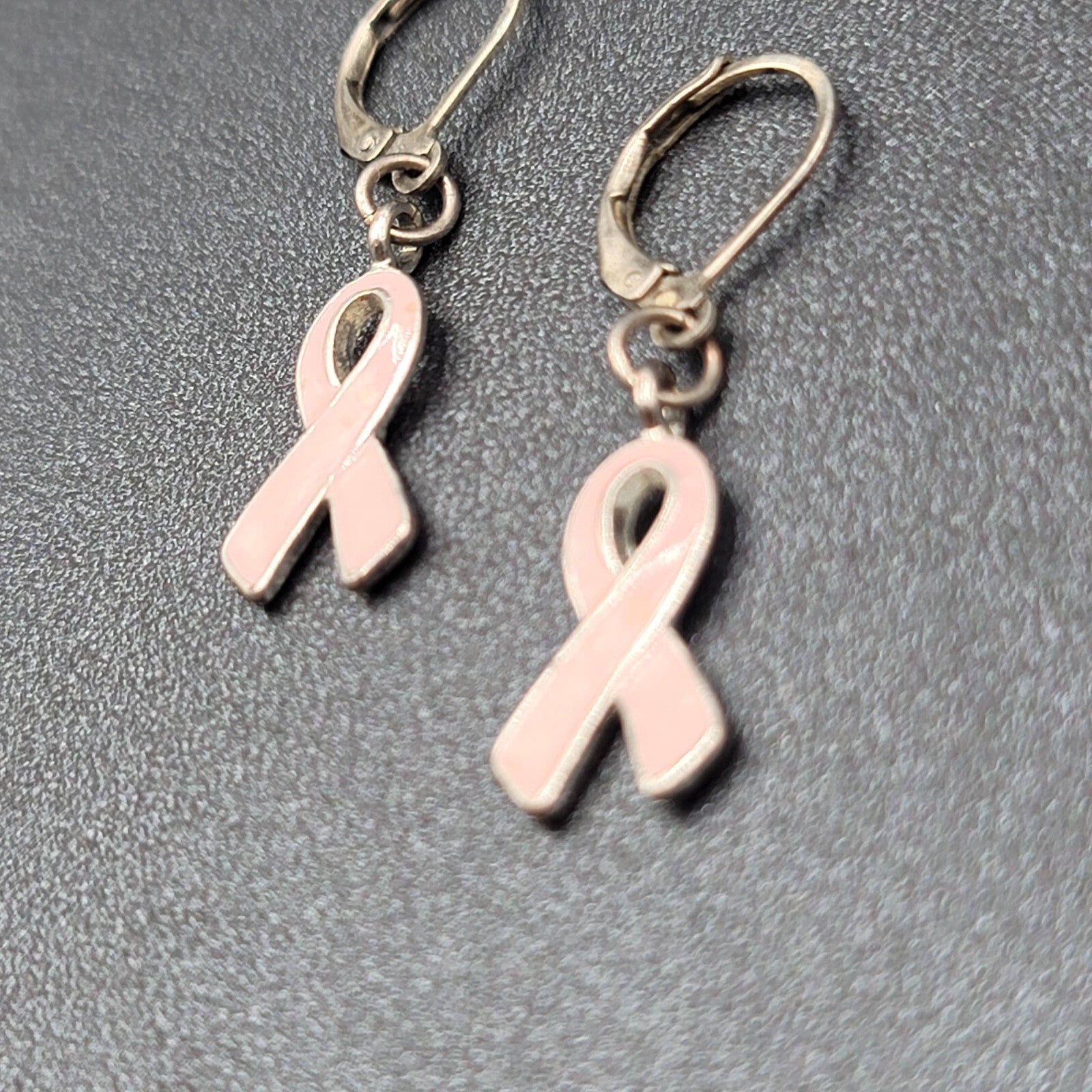Pierced Earrings Silver tone Pink Enamel Breast Cancer Awareness Ribbon 3/4"