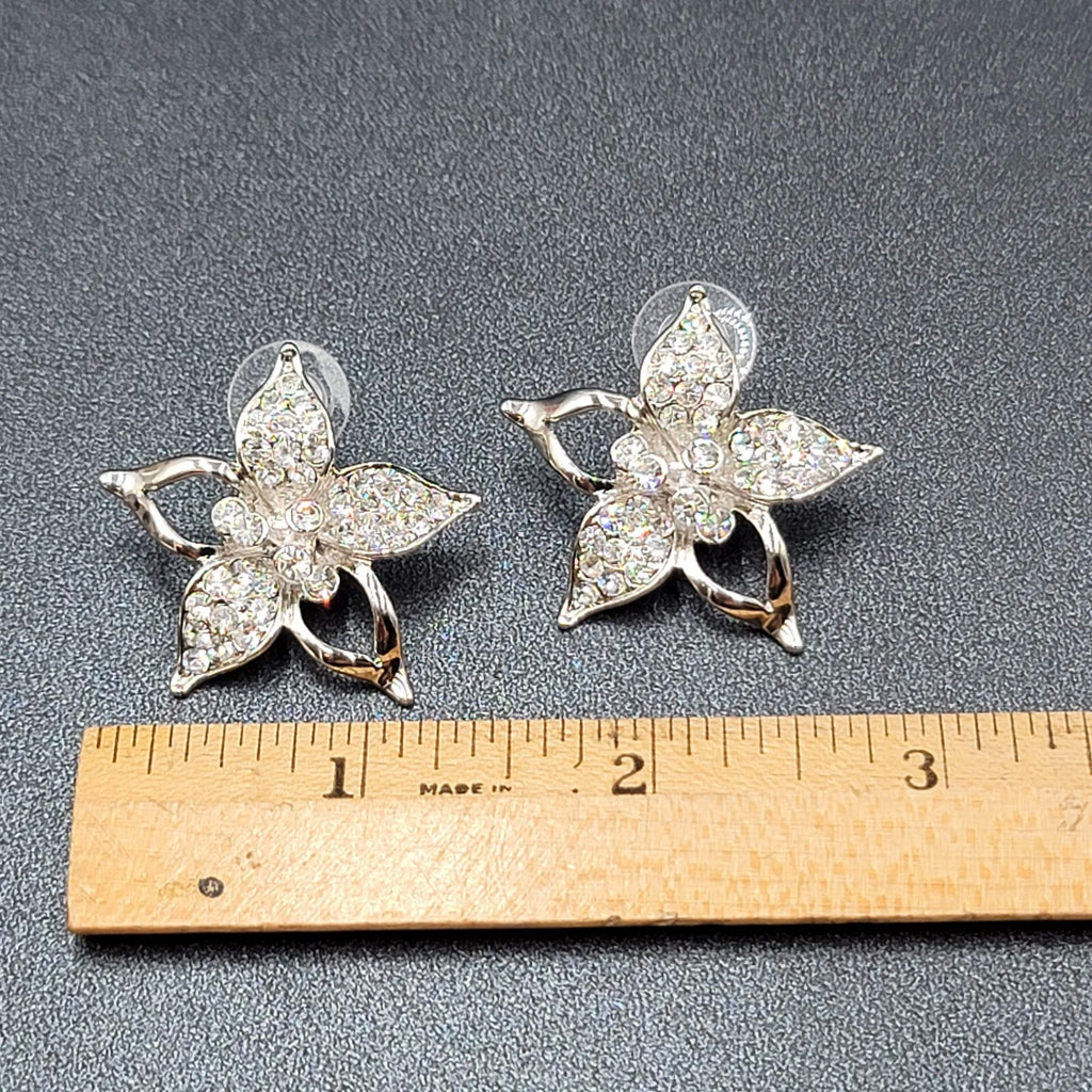 Pierced Earrings Silver Plated Crystal Rhinestone Drop Flower Signed 1 3/8"