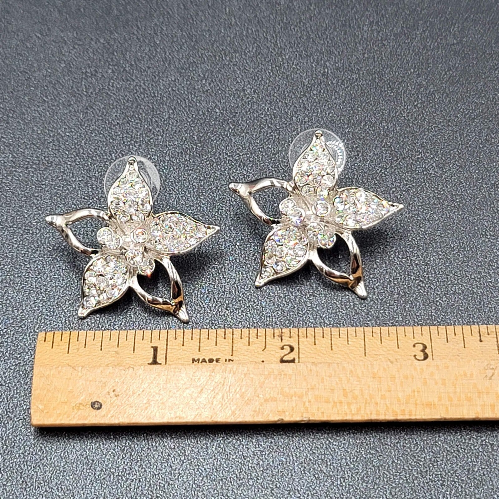 Pierced Earrings Silver Plated Crystal Rhinestone Drop Flower Signed 1 3/8"