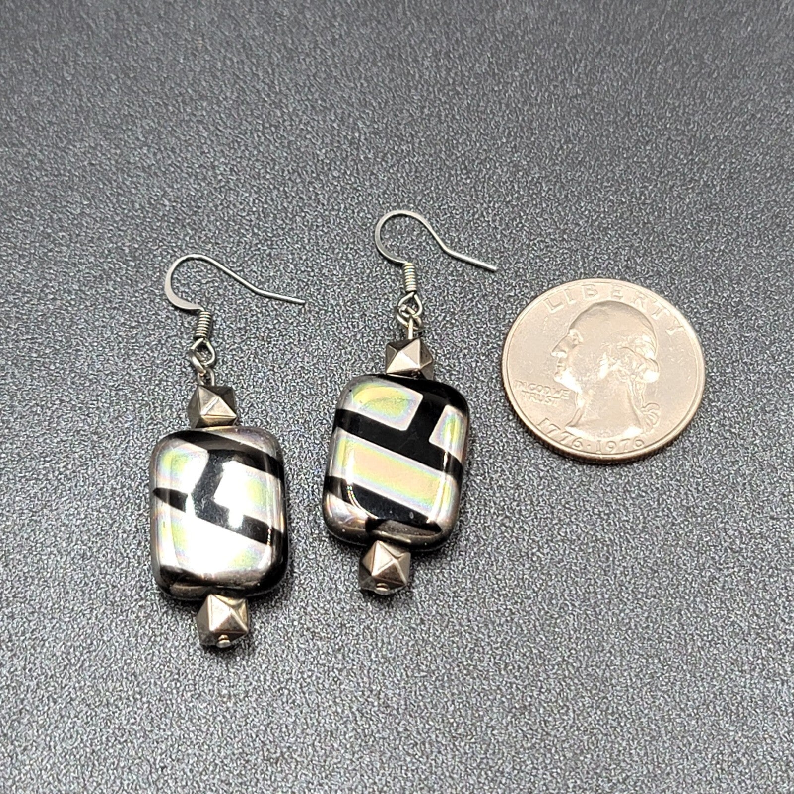 Pierced Earrings Unique Art Glass Beads Iridescent Rectangles 1 3/8"