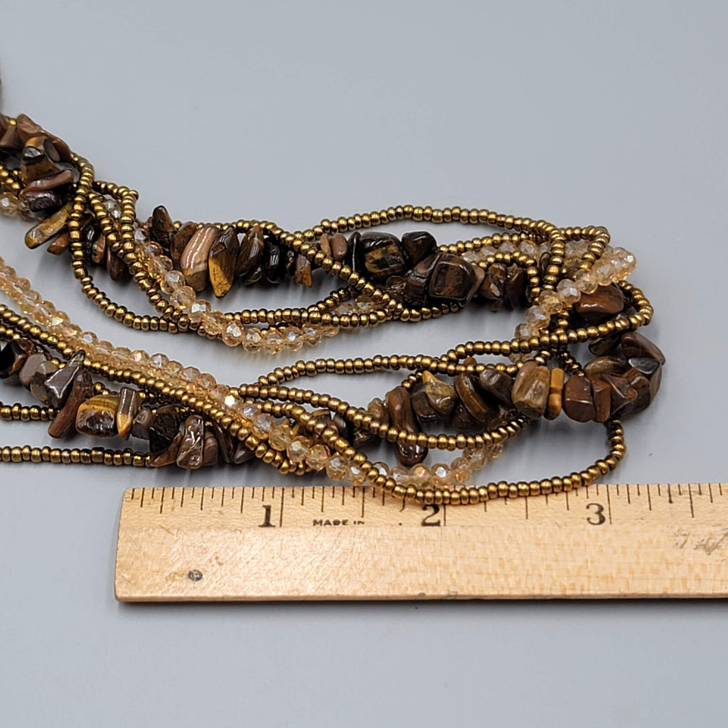 Multi Strand Bead Twist Necklace Tigers Eye Crystal 6 Strands 18"-20"