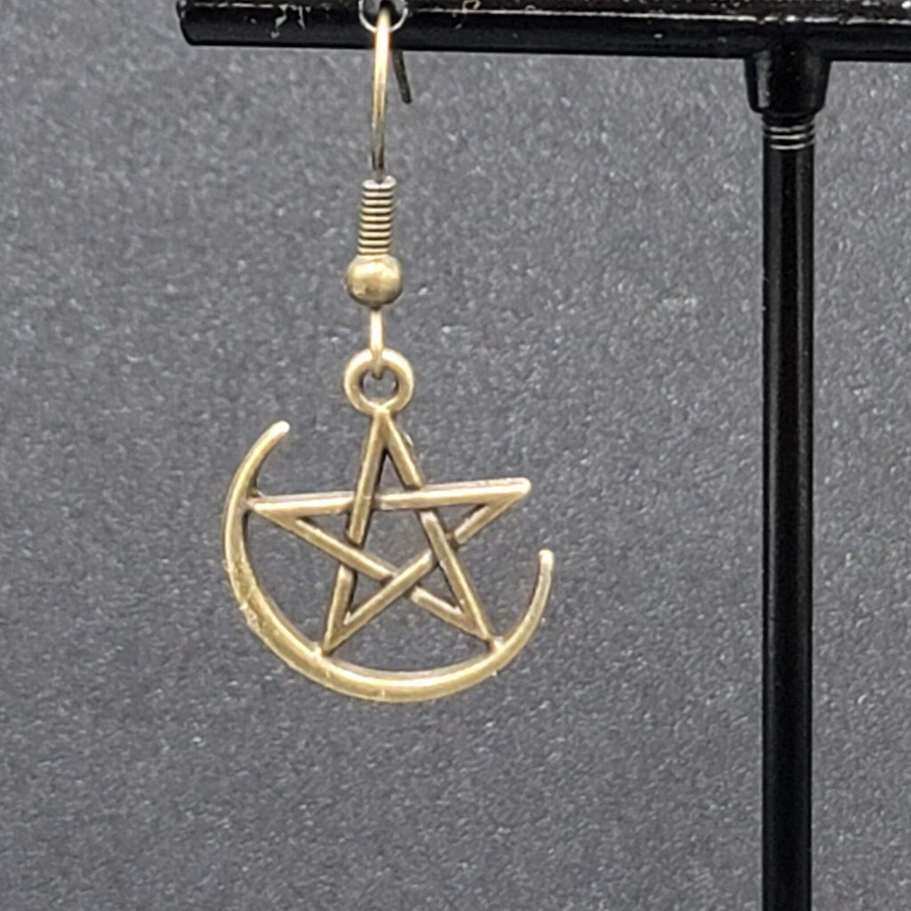 Pentagram Pierced Earrings Half Moon Star Bronze tone Dangle 3/4"