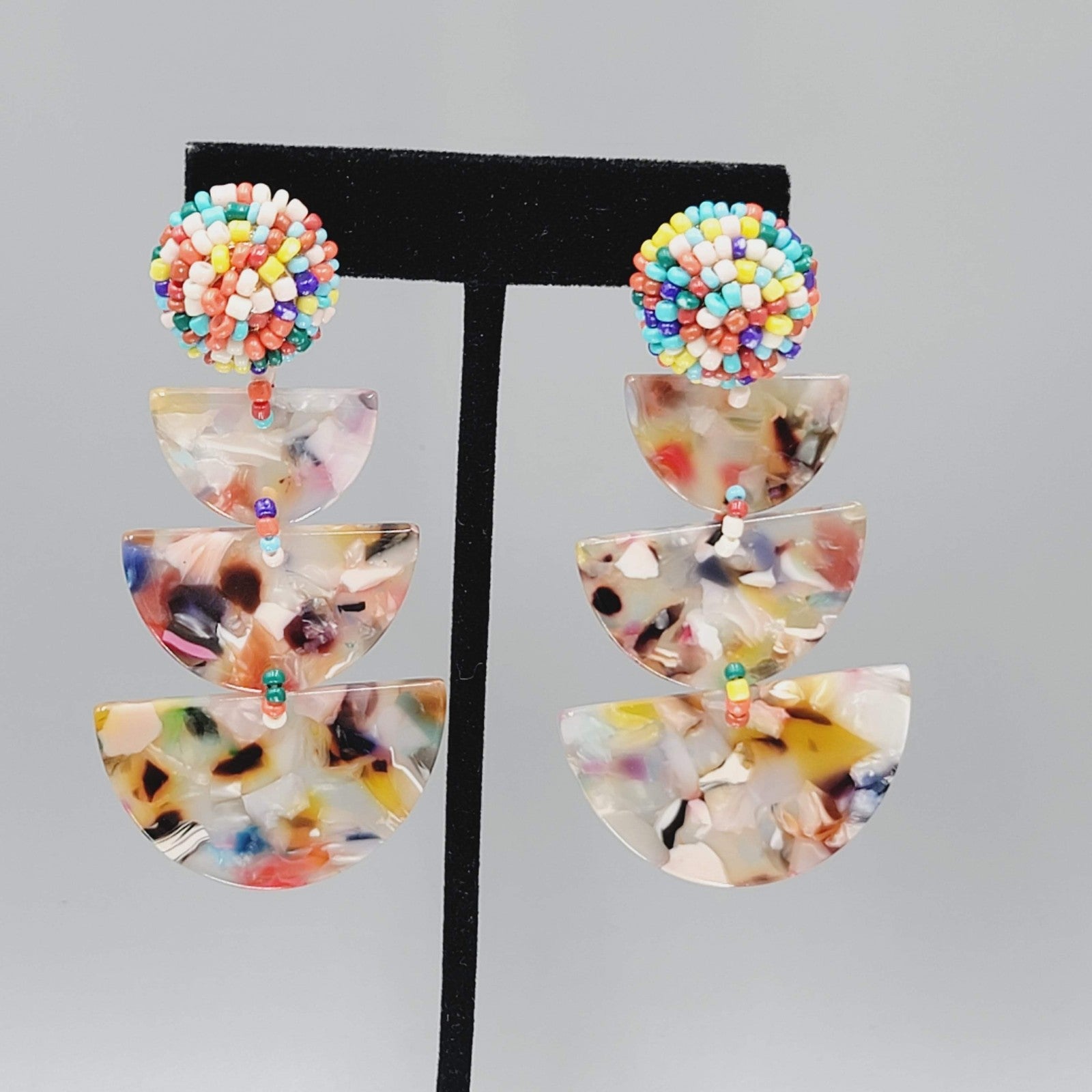 Statement Beaded Dangle Pierced Earrings Acrylic Resin Confetti Boho 3"