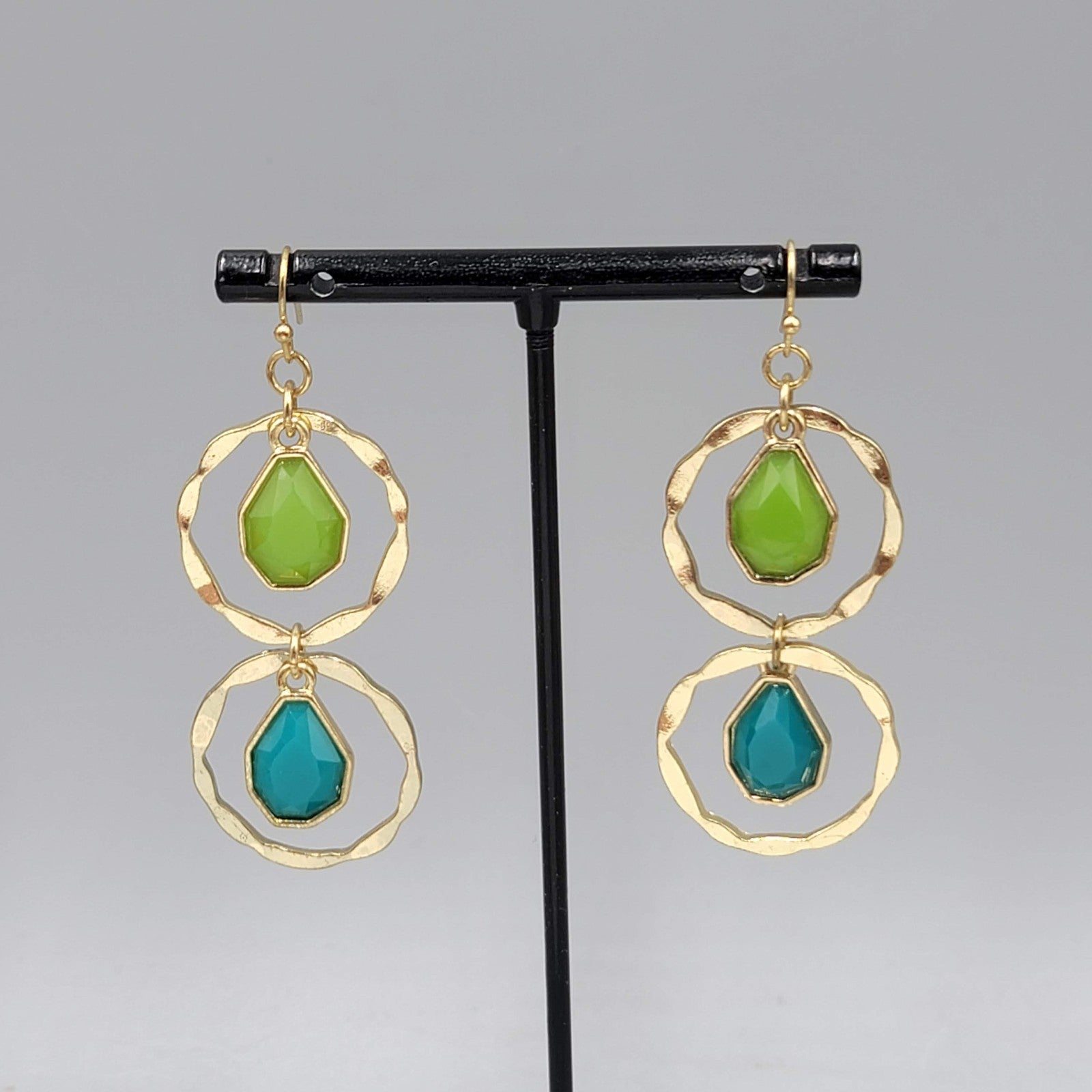 Double Ring Green Blue Pierced Earrings Gold tone Dangle 2 in