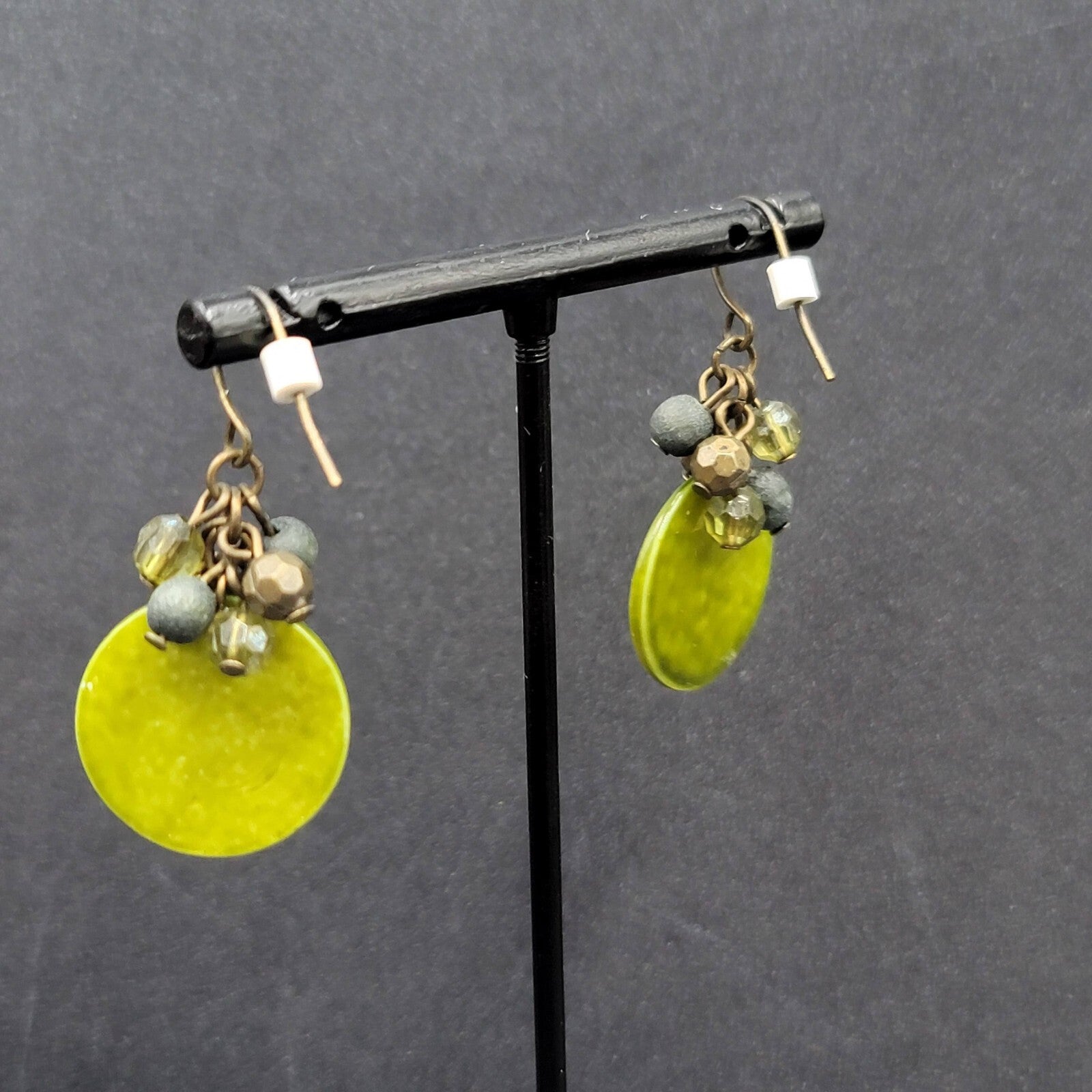 Pierced Earrings Green Shell and Beaded Dangle 1.25"