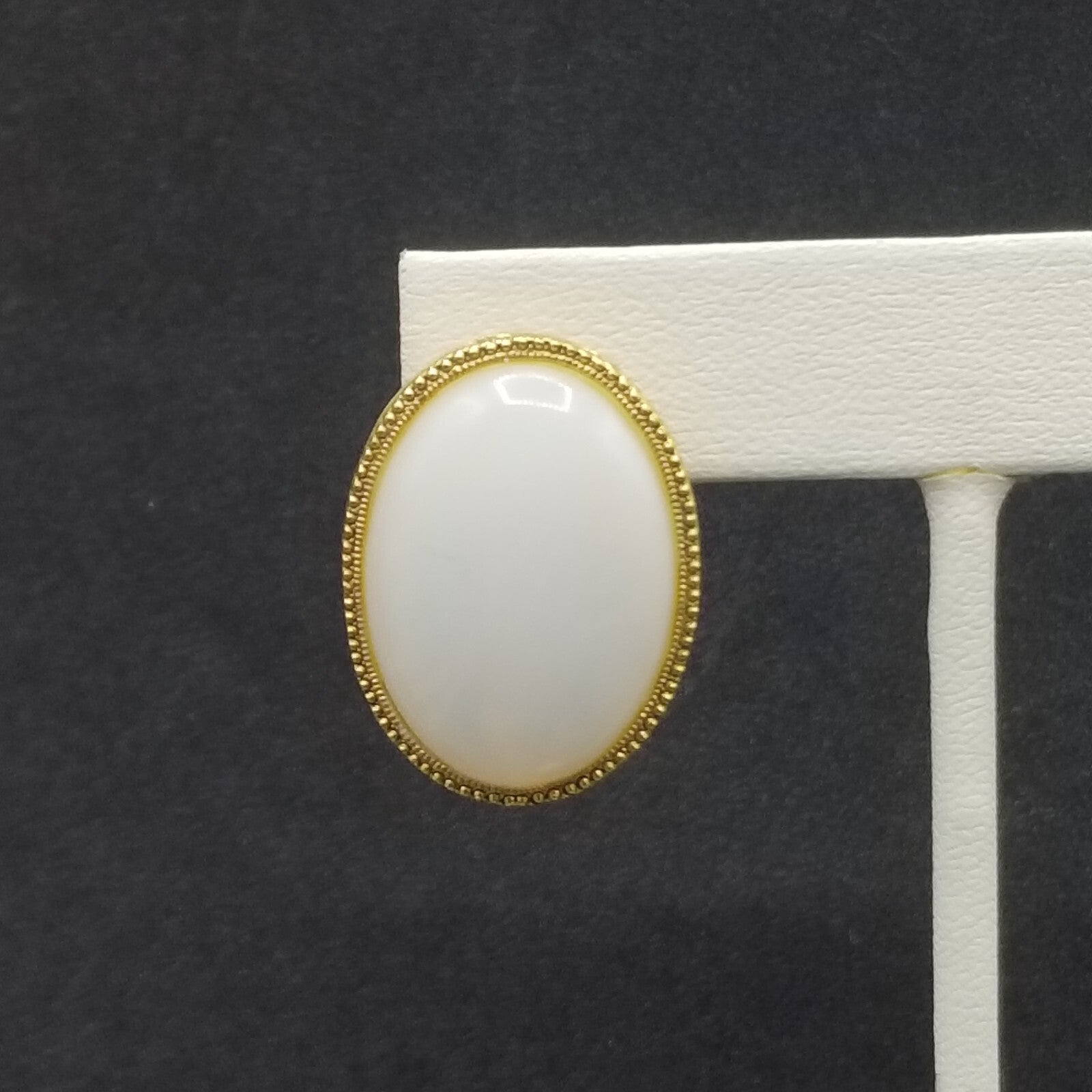 Pierced Earrings Gold tone White Glass Cabochon Drop 1 1/8"