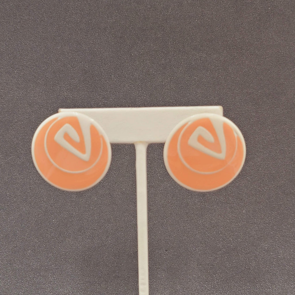 Vintage Pierced Earrings Peach White Enamel over Metal Round Drop 1.25"