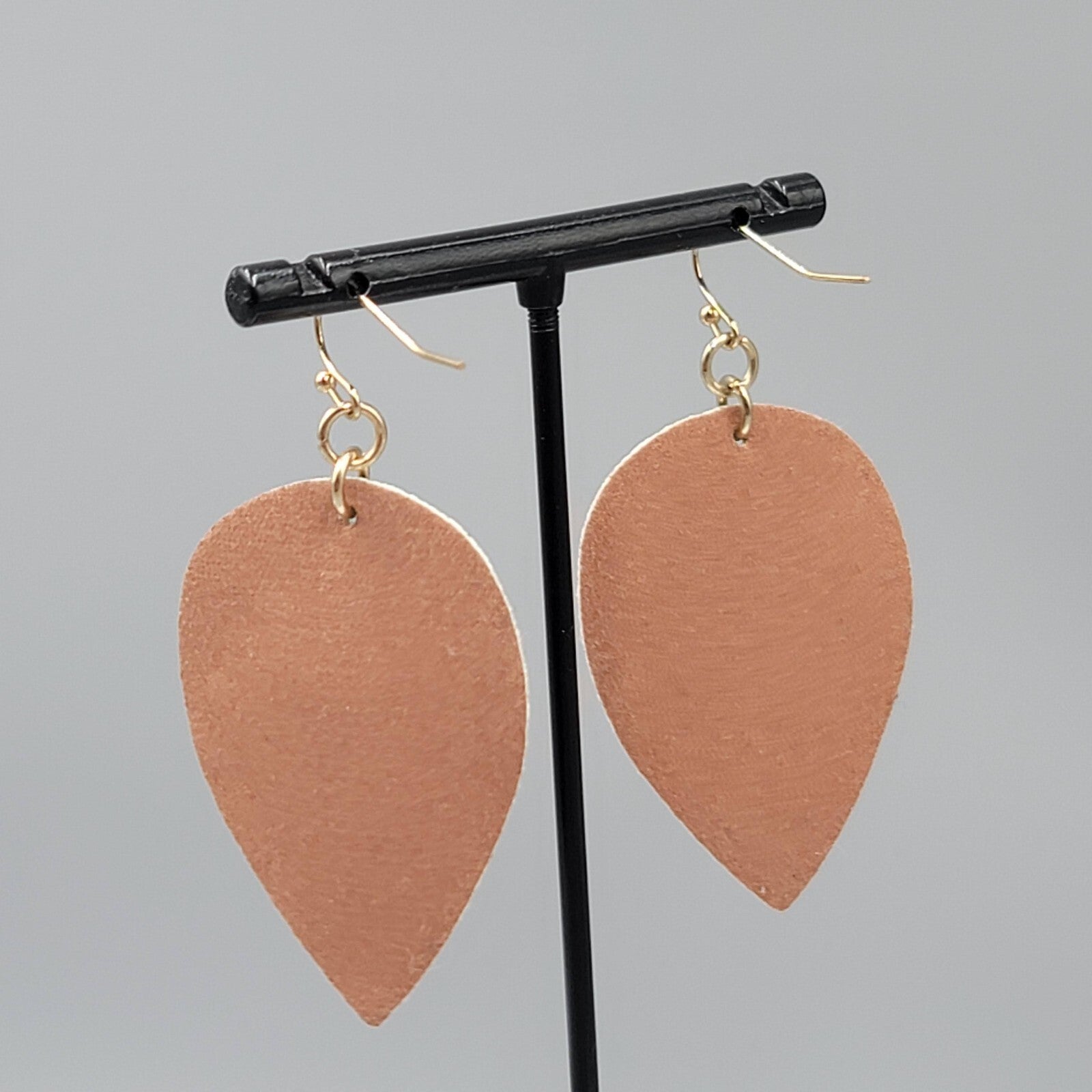 Gold tone Green Pierced Earrings Layered Metal over Faux Leather Dangle 2"