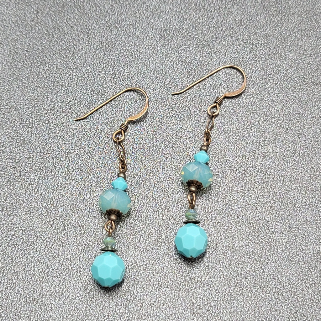 Pierced Earrings Silver tone Blue Faceted Acrylic Beads Dangle 1 5/8"
