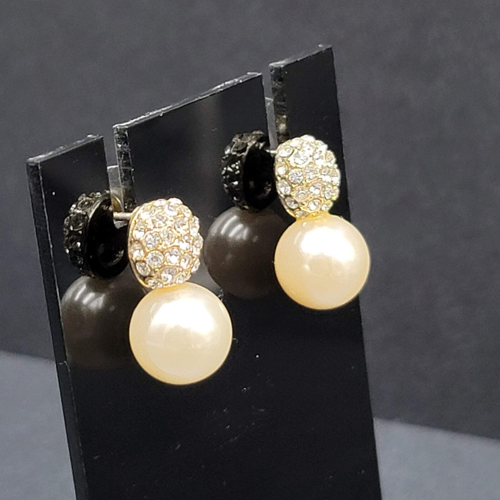 Pierced Earrings Imitation Pearl Crystal Rhinestone Drop 3/4"