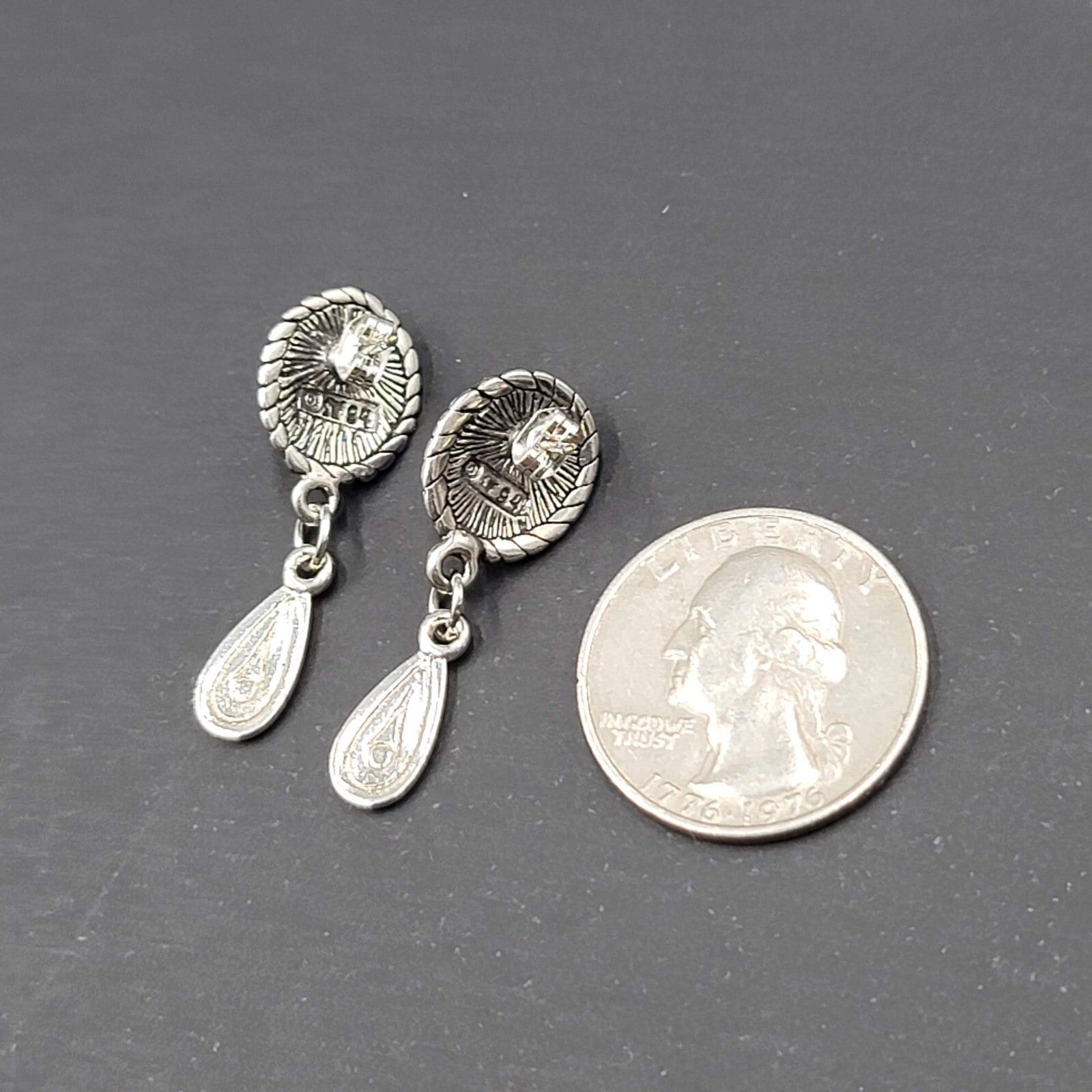 Vintage Pierced Earrings Silver tone Dangle Purple Cabochon 1.25"