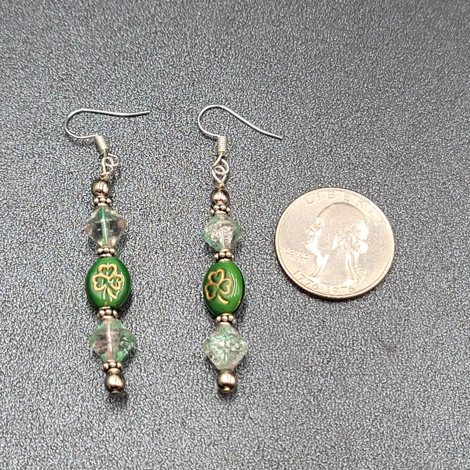 Beaded Pierced Earrings Dangle Silver tone Hook Green Bead Shamrock