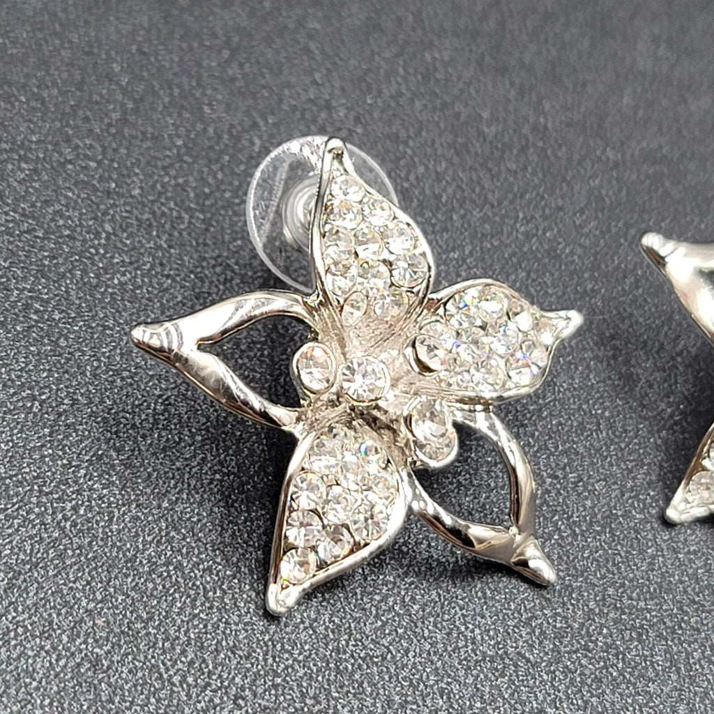 Pierced Earrings Silver Plated Crystal Rhinestone Drop Flower Signed 1 3/8"