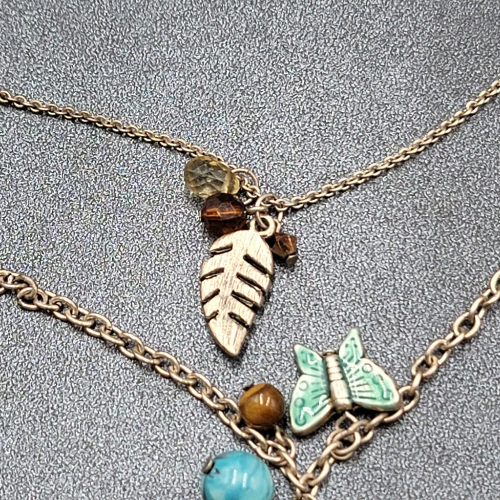 Boho Charm Necklace Layered Double Chain Silver tone Butterfly Leaf Enamel 16"