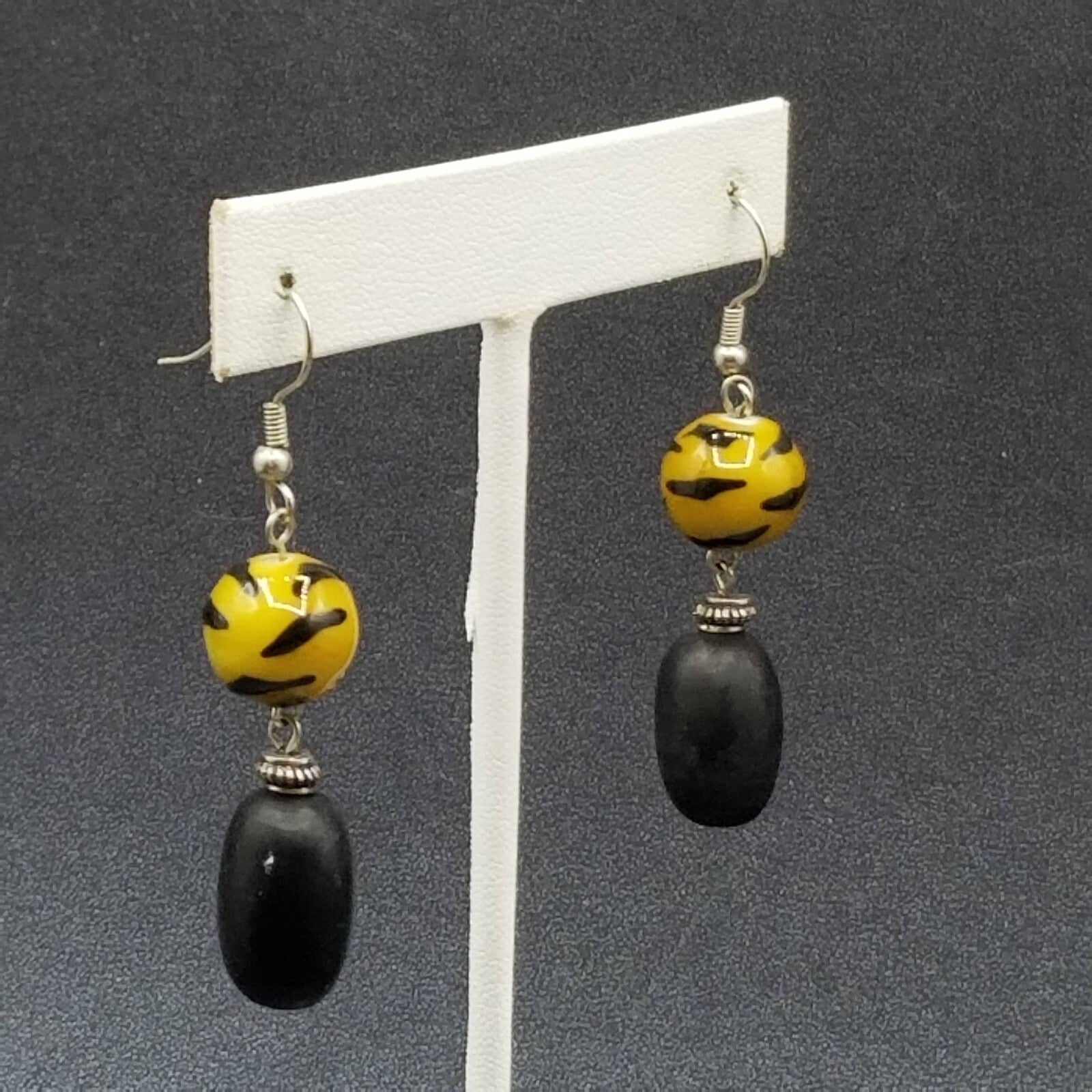 Pierced Earrings Glass Wood Bead Boho Dangle 1 1/2"