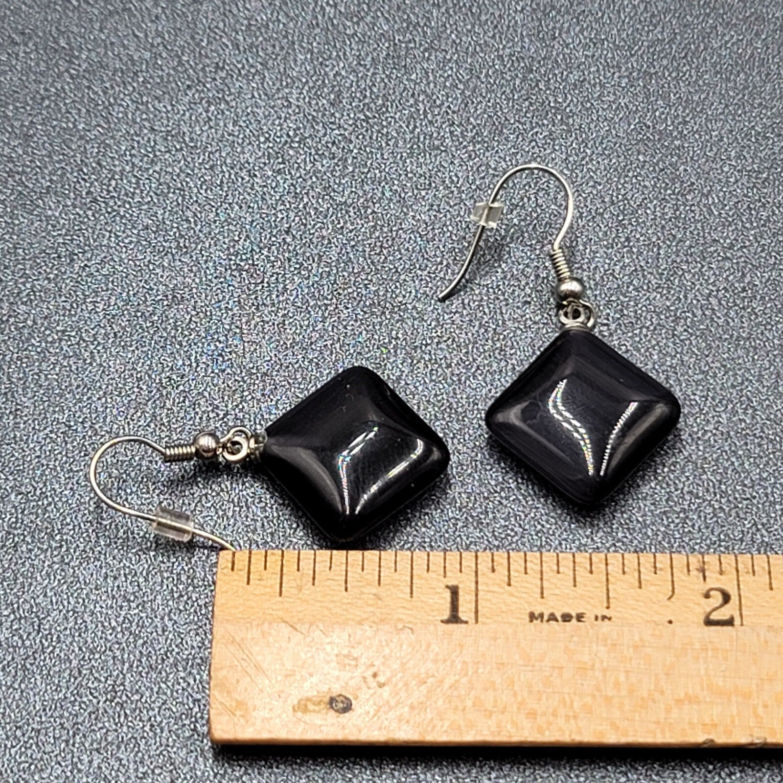 Pierced Earrings Purple Gray Stone Satin Finish Dangle Square Silver tone 3/4"
