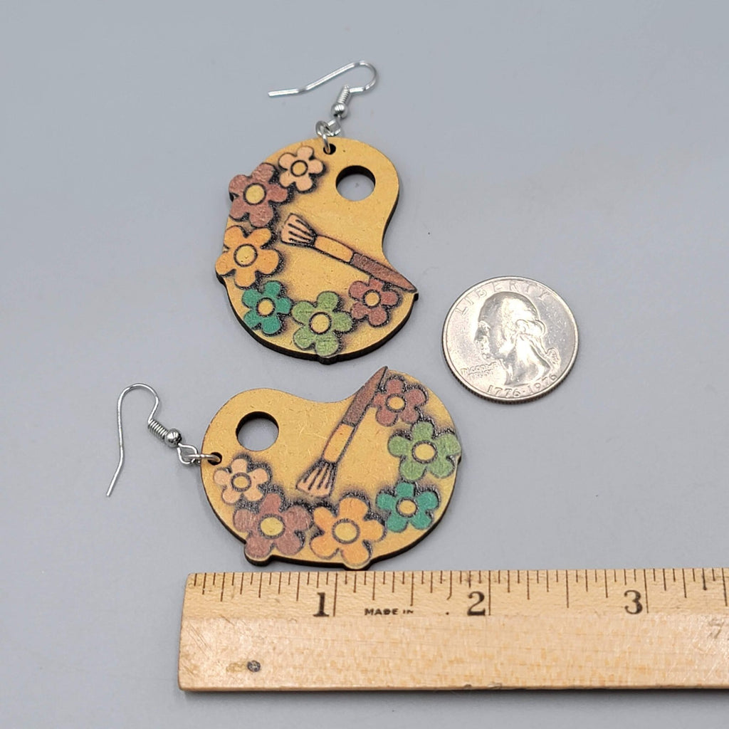 Artist Palette Pierced Earrings Wood Flowers Dangle Silver tone  1.75"