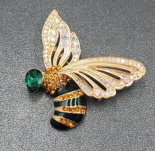 Crystal Rhinestone Brooch Bee Green AB Black Enamel 2"