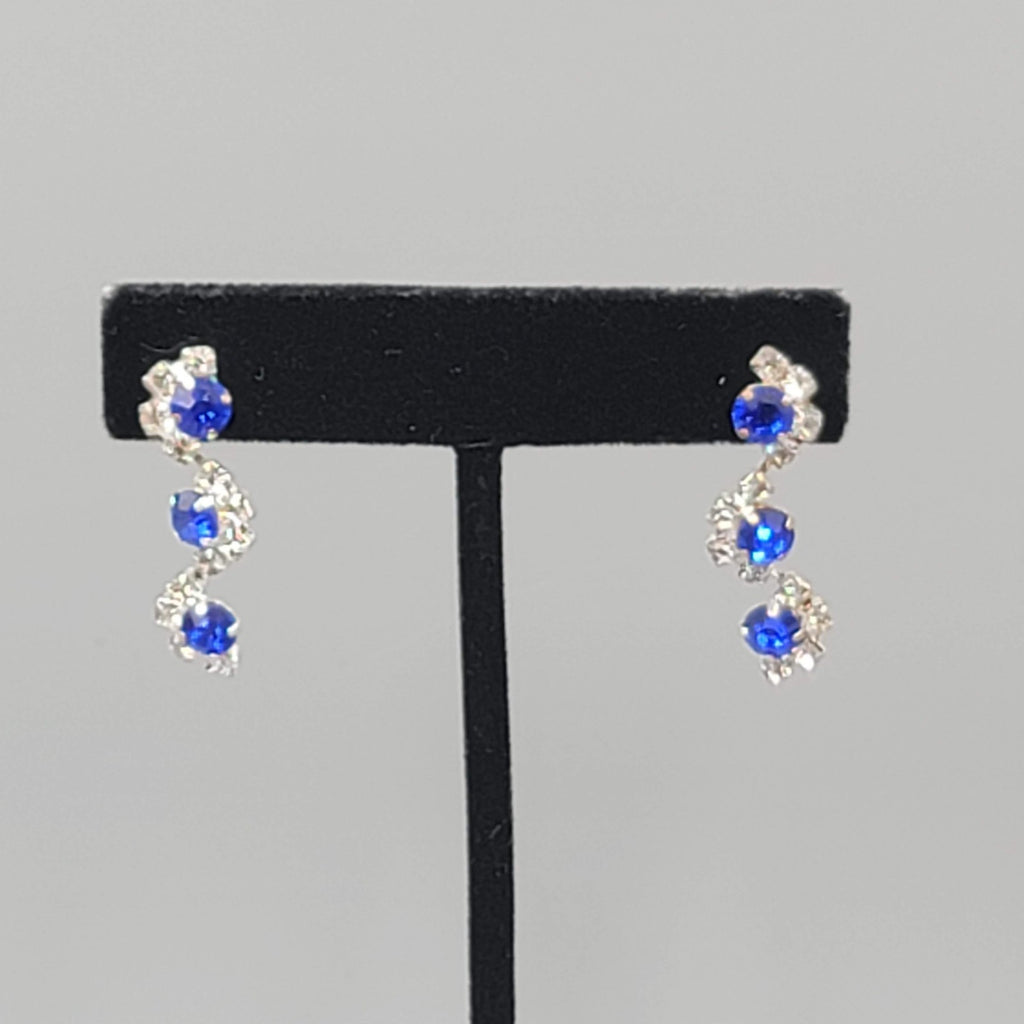 Blue Rhinestone Dangle Pierced Earrings Silver tone 1 1/8"