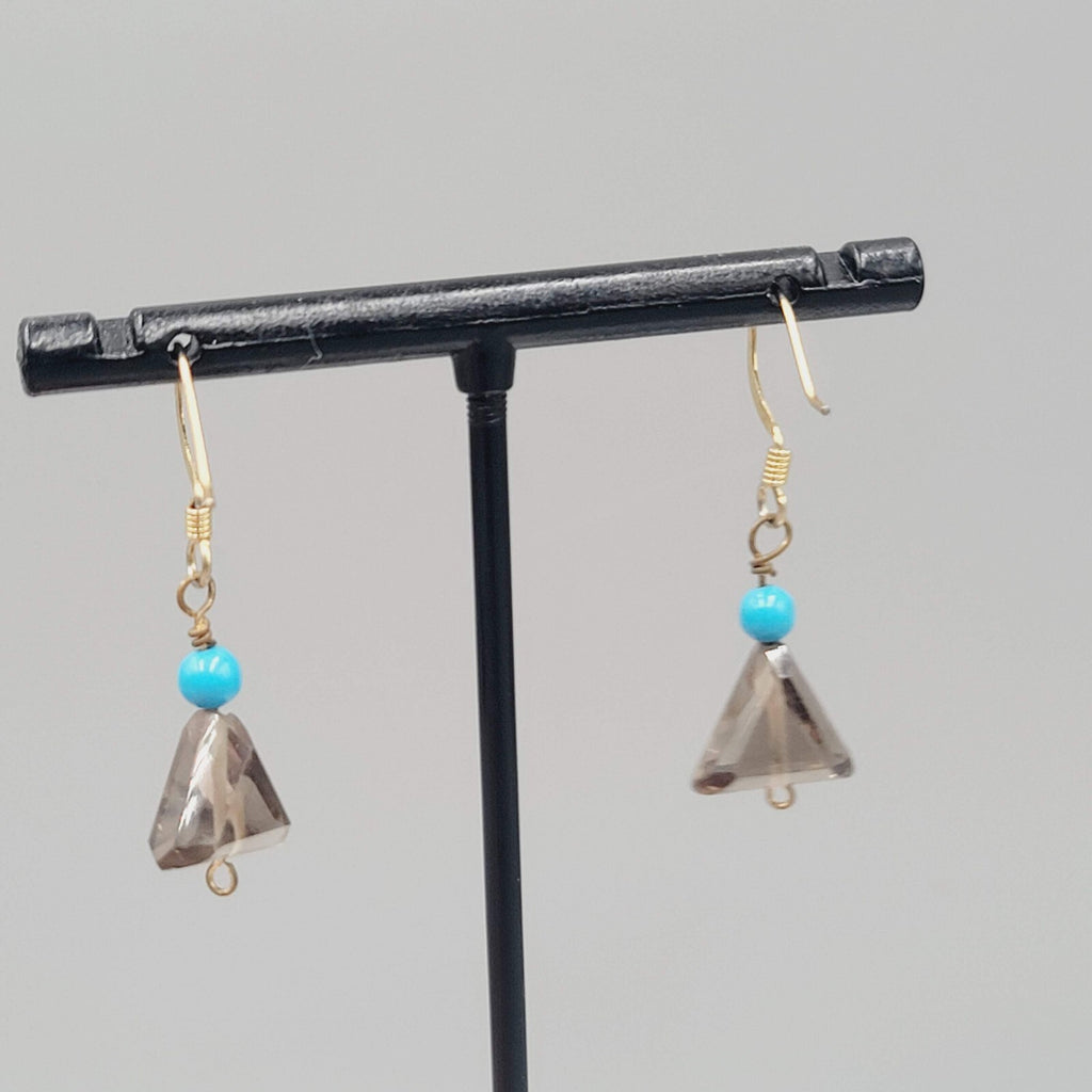 Blue and Triangle Smokey Glass Bead Pierced Earrings Gold tone Dangle 3/4"