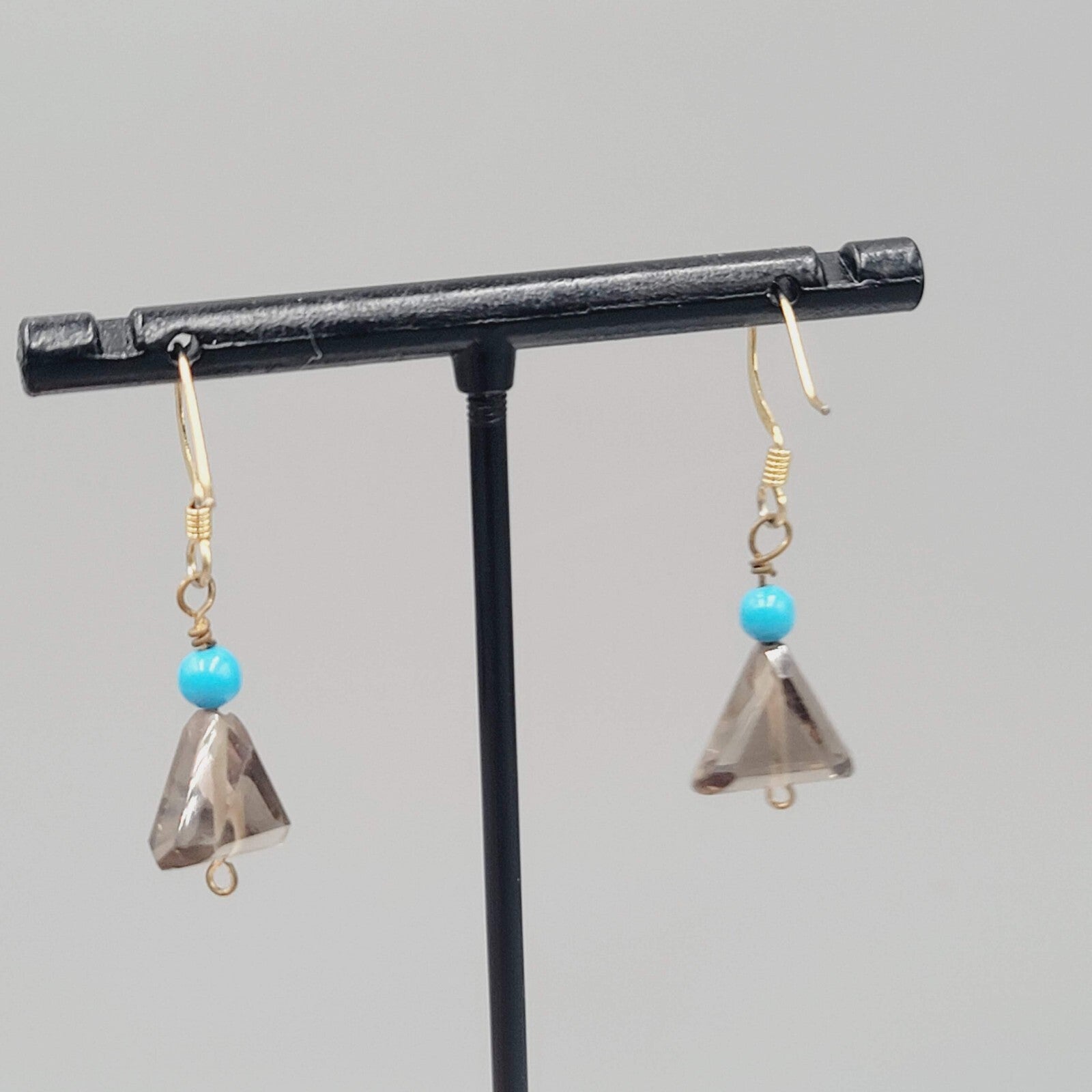 Blue and Triangle Smokey Glass Bead Pierced Earrings Gold tone Dangle 3/4"