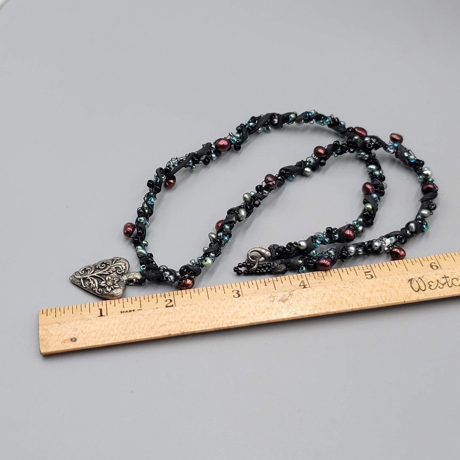 Artisan Heart Pendant Necklace Pearls Glass Bead 20"