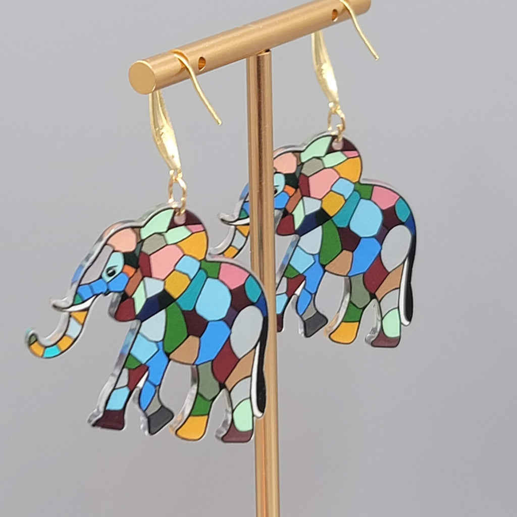 Multicolor Mosiac Elephant Pierced Earrings Acrylic Dangle Gold tone Hook 1 3/8"