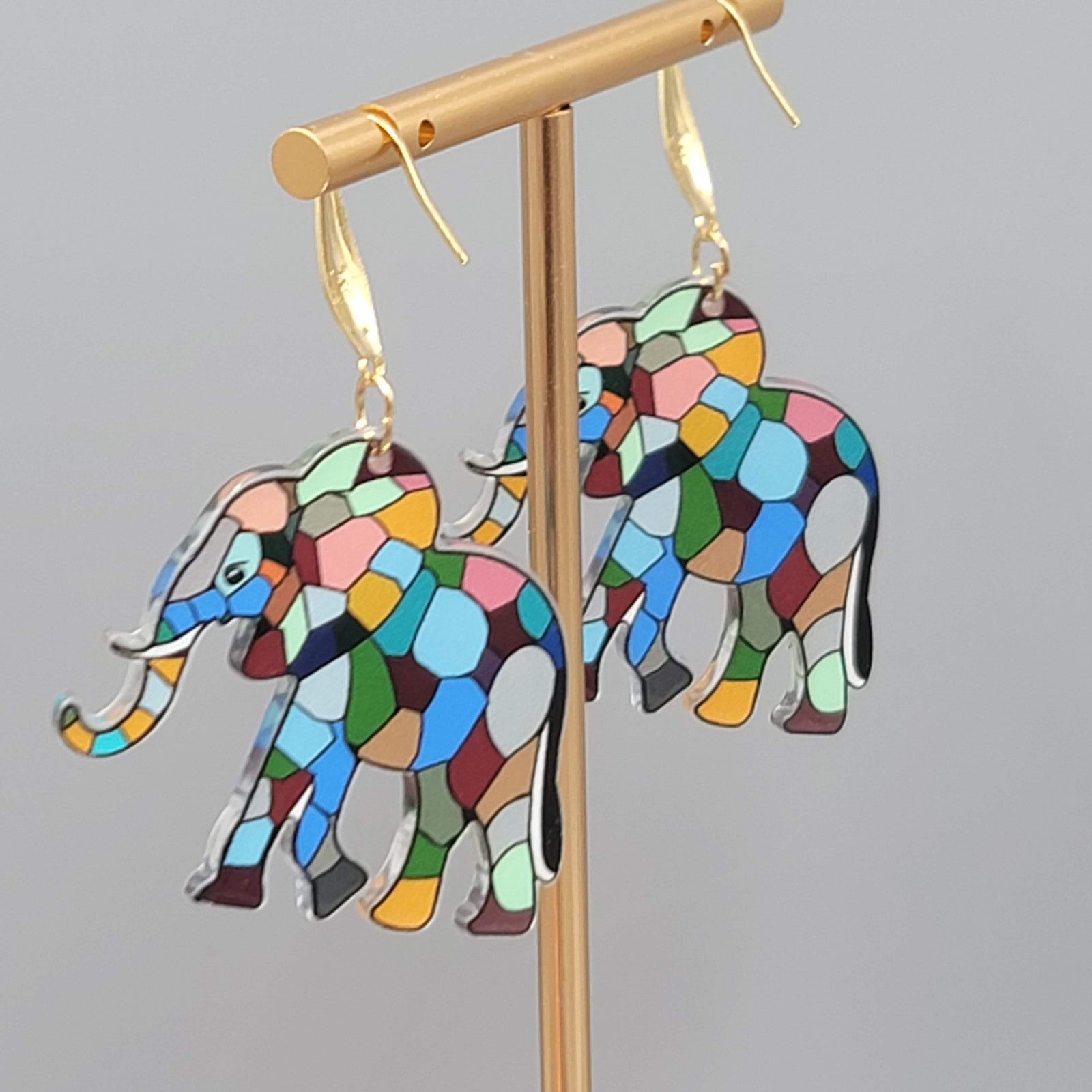 Multicolor Mosiac Elephant Pierced Earrings Acrylic Dangle Gold tone Hook 1 3/8"