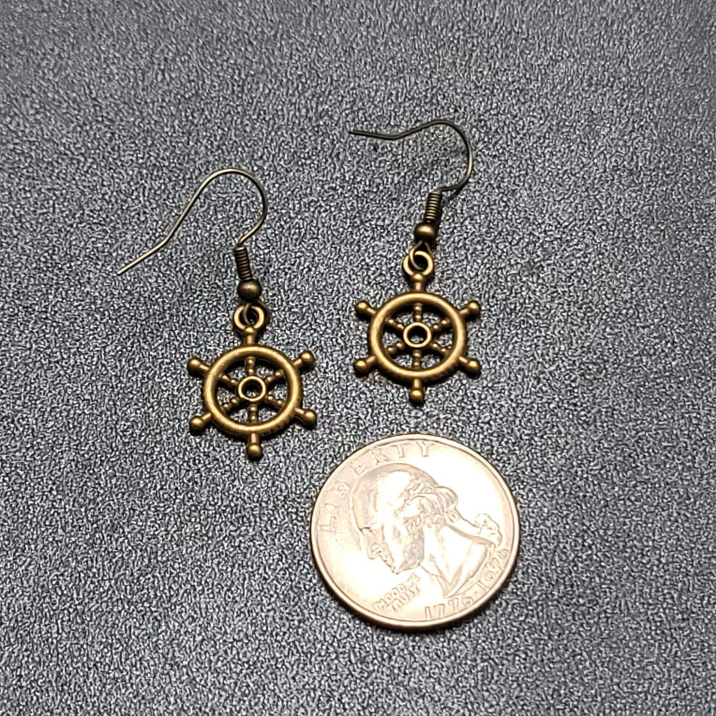 New Nautical Ships Wheel Pierced Earrings Bronze tone Embossed Dangle 3/4"