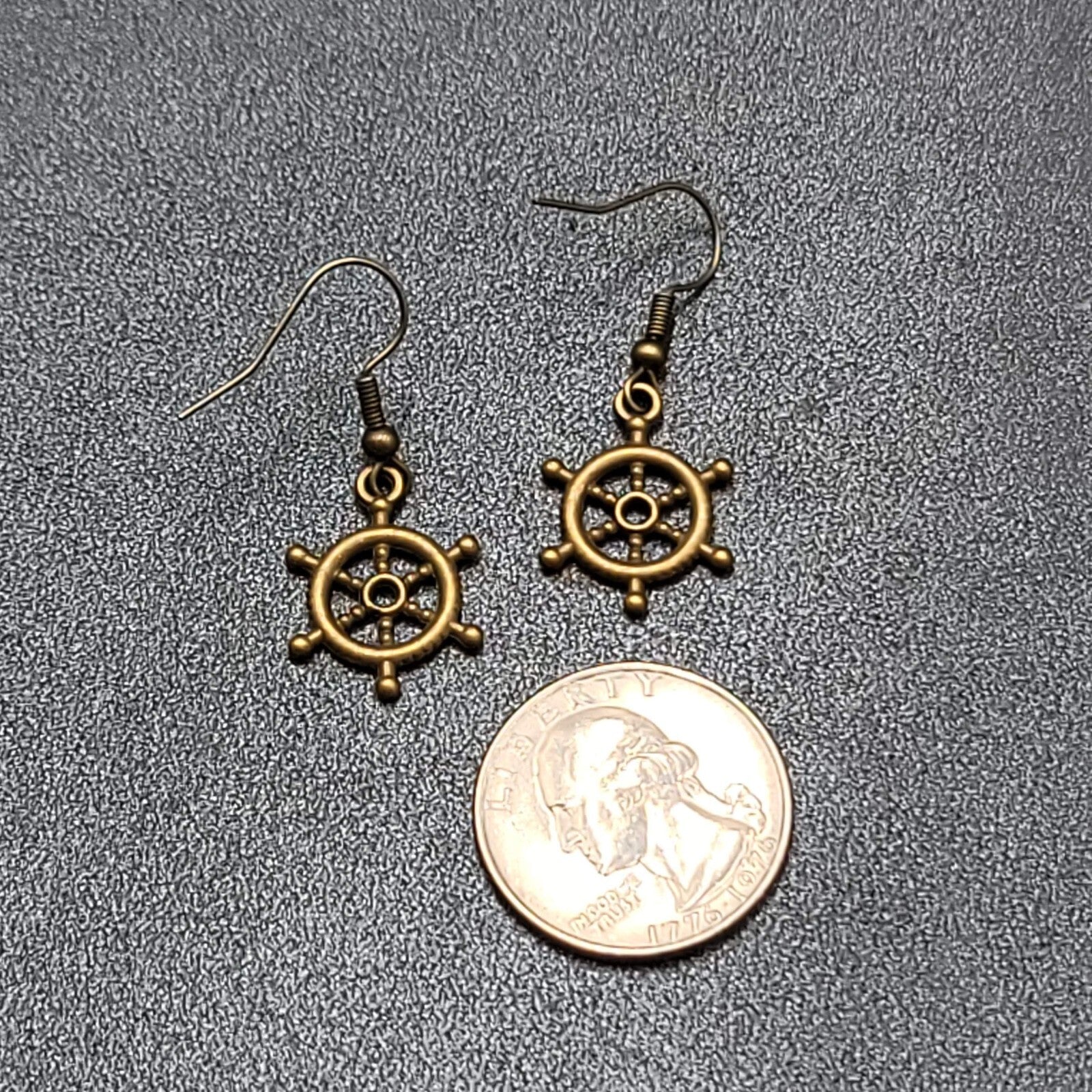 New Nautical Ships Wheel Pierced Earrings Bronze tone Embossed Dangle 3/4"