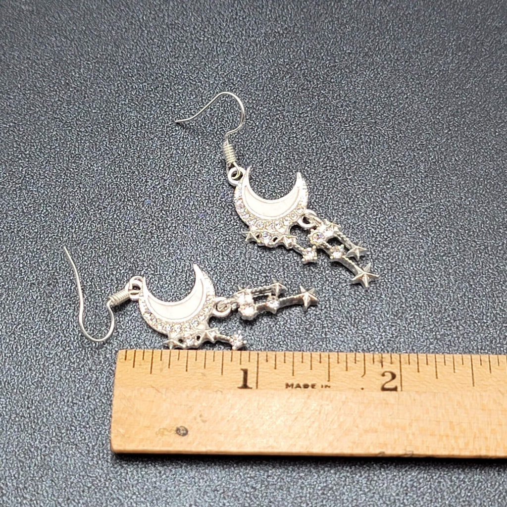 Moon Pierced Earrings Silver tone Crystal Rhinestone Dangle 1.5"