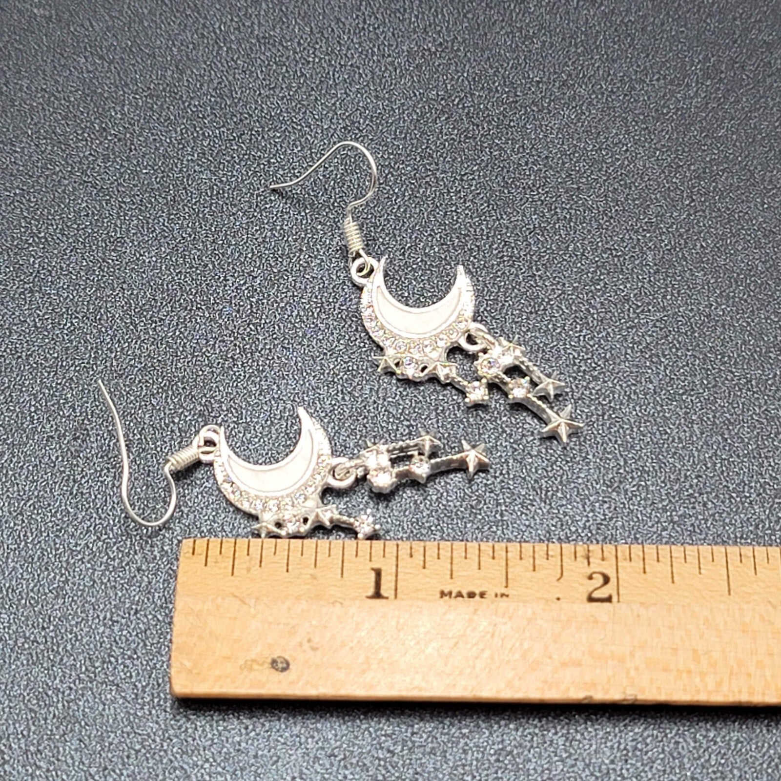 Moon Pierced Earrings Silver tone Crystal Rhinestone Dangle 1.5"