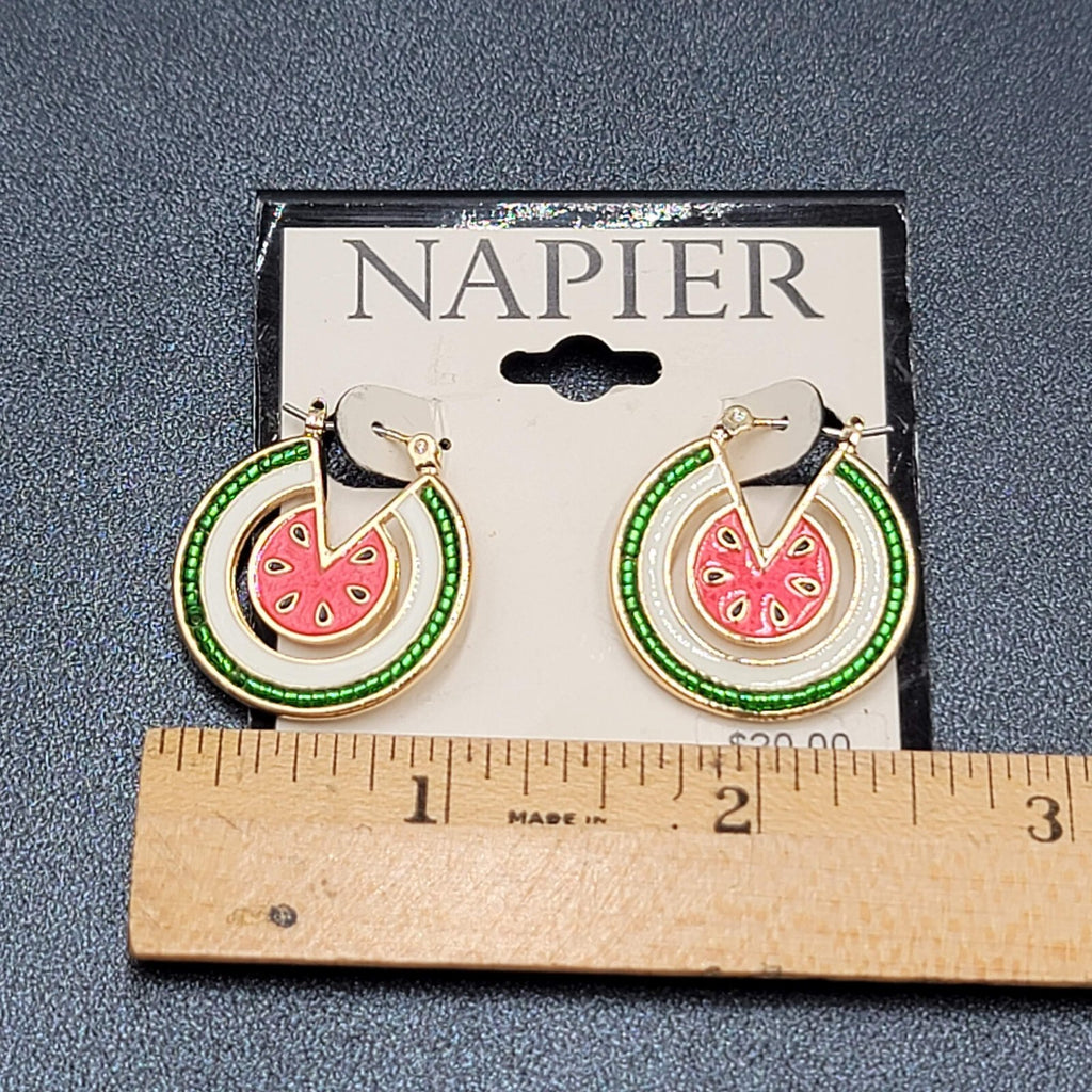 Vintage Napier Pierced Earrings Watermelon Hoops Gold tone Enamel 1" 