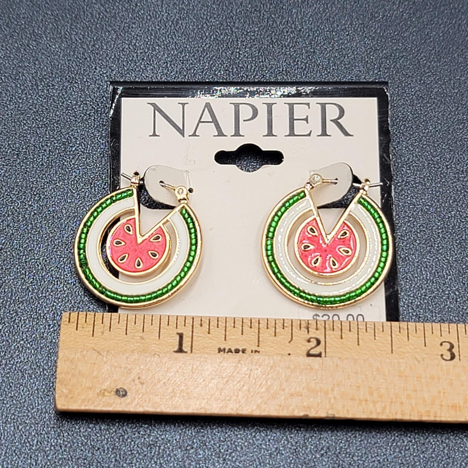 Vintage Napier Pierced Earrings Watermelon Hoops Gold tone Enamel 1" 