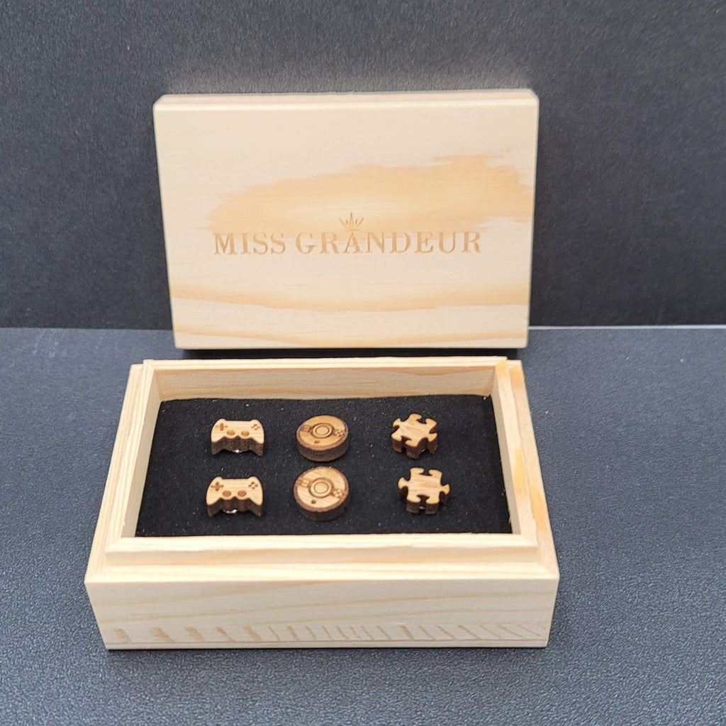 Wood Laser Cut Pierced Earrings Studs Game Controller Poke Ball Puzzle Pieces