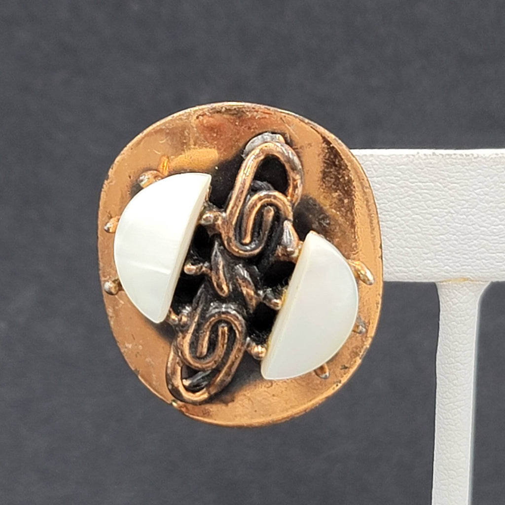 Vintage Clip on Earrings Copper Plated Mother of Pearl Accents Modernist 1.25"