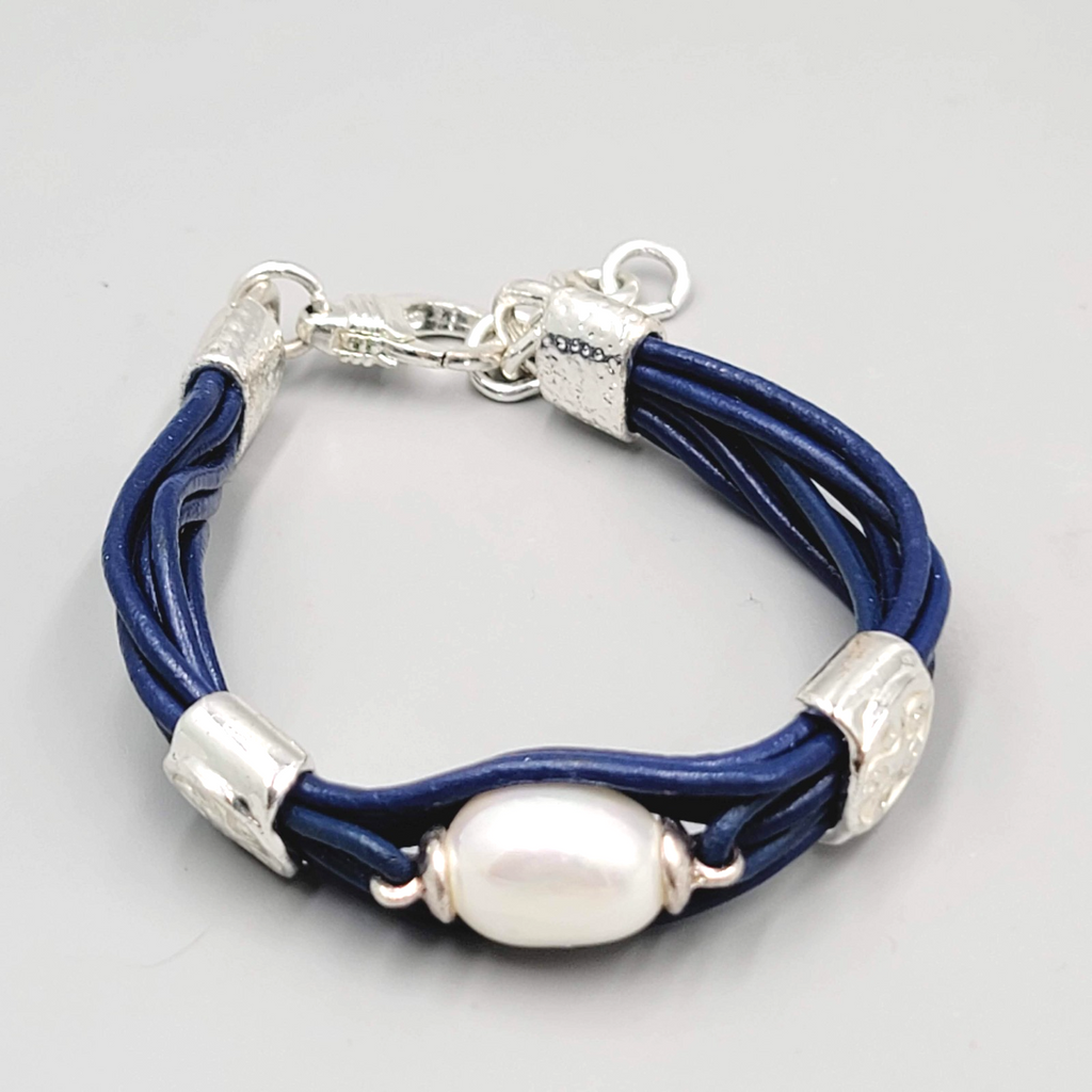 Navy Blue Cord Bracelet Imitation Pearl Silver tone 7"