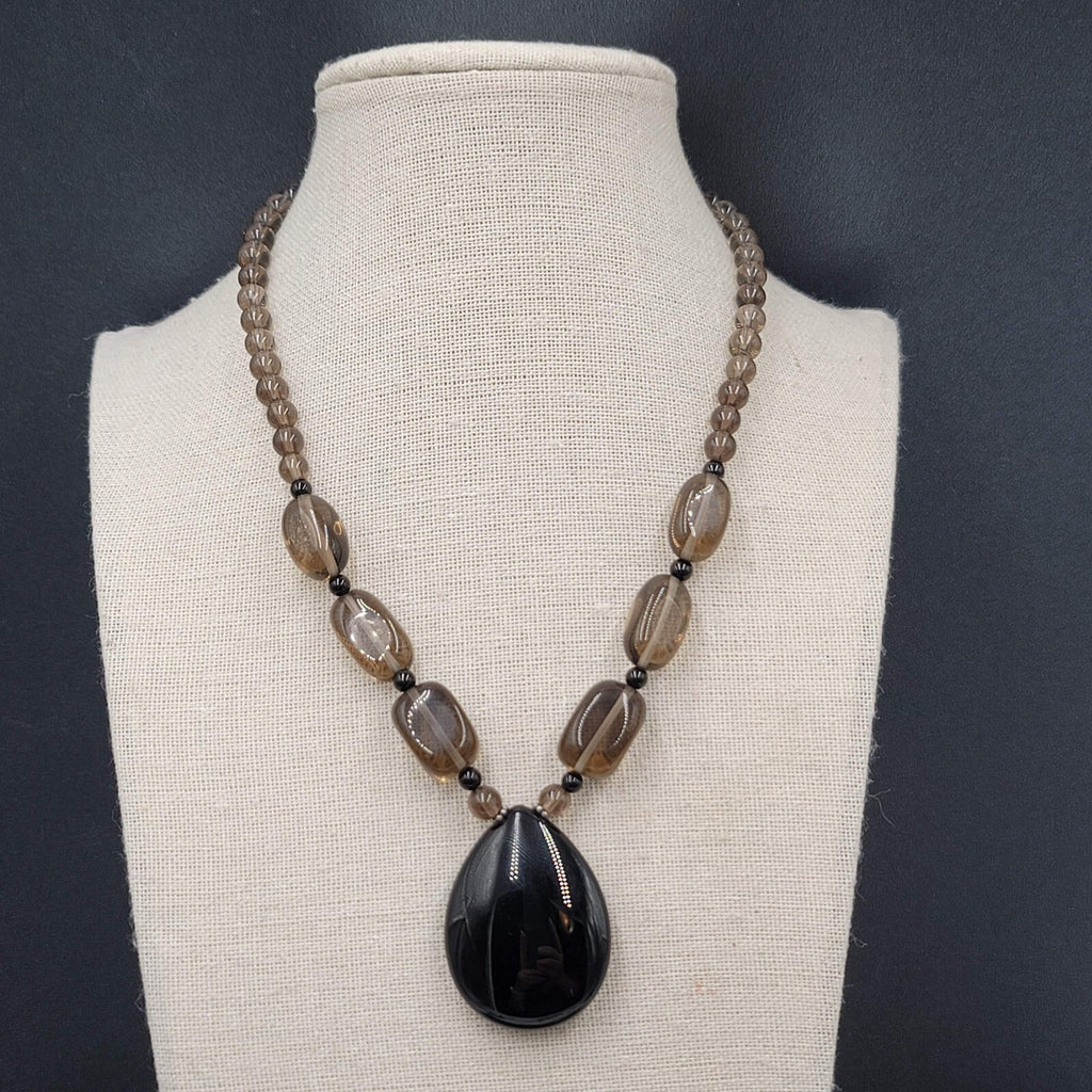 ATI Glass Bead Necklace Black Smokey Teardrop Pendant Sterling Silver Clasp 16"