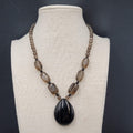 ATI Glass Bead Necklace Black Smokey Teardrop Pendant Sterling Silver Clasp 16"