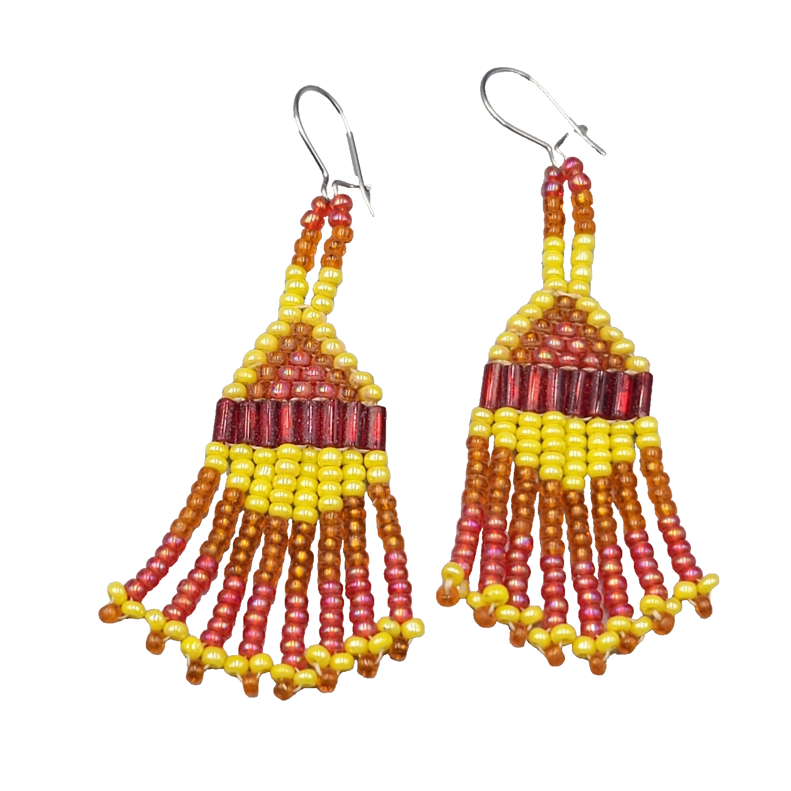 Vintage Seed Bead Pierced Earrings Orange Yellow Red Dangle 2"