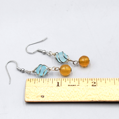 Blue Yellow Glass Bead Pierced Earrings Silver tone Dangle  1.25 in