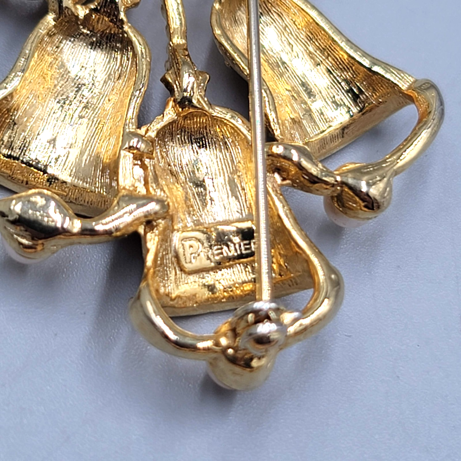 Vintage Premier Christmas Bells Brooch Gold tone Faux Pearl 2"