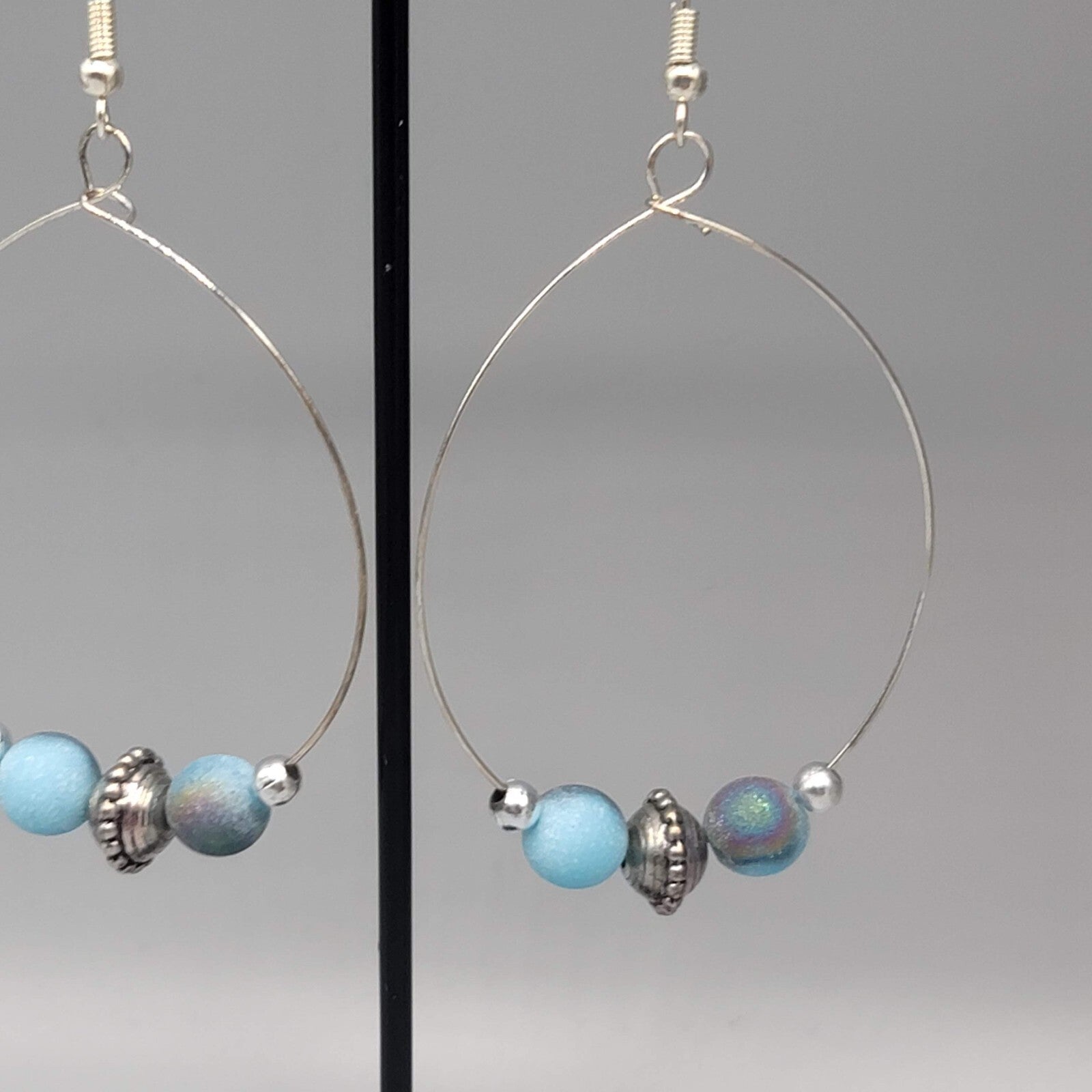 Pierced Earrings Silver tone Multicolor Blue Beads Hoops 2"