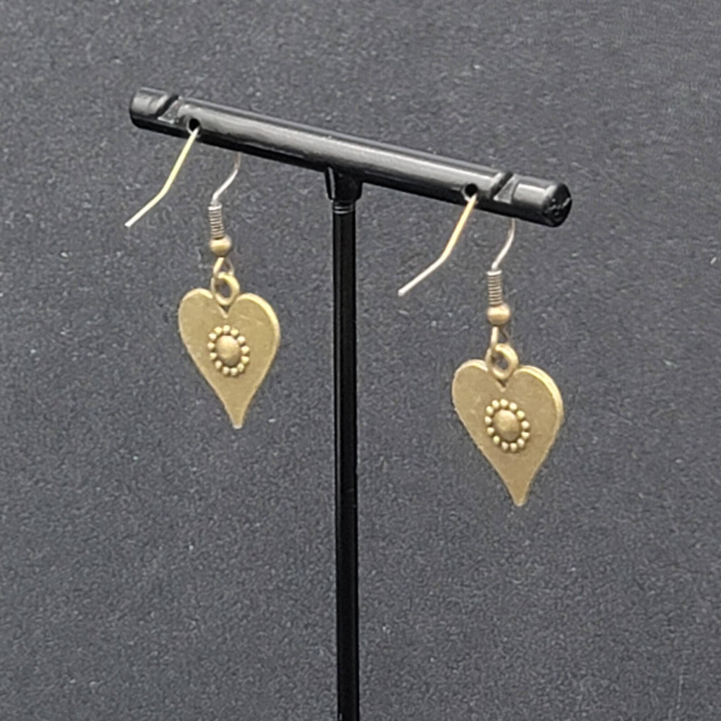 Heart Pierced Earrings Bronze tone Embossed Dangle New 3/4"