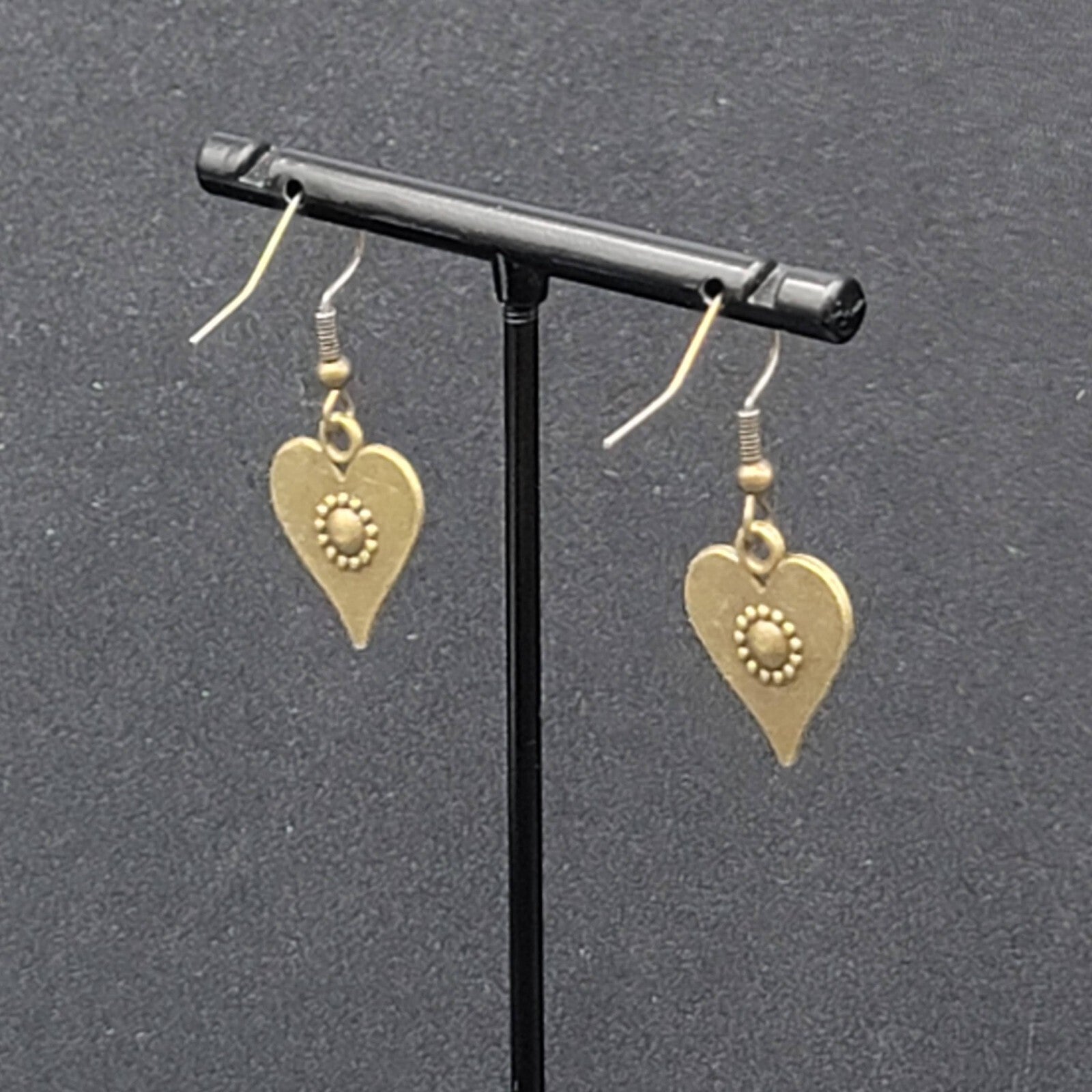 Heart Pierced Earrings Bronze tone Embossed Dangle New 3/4"