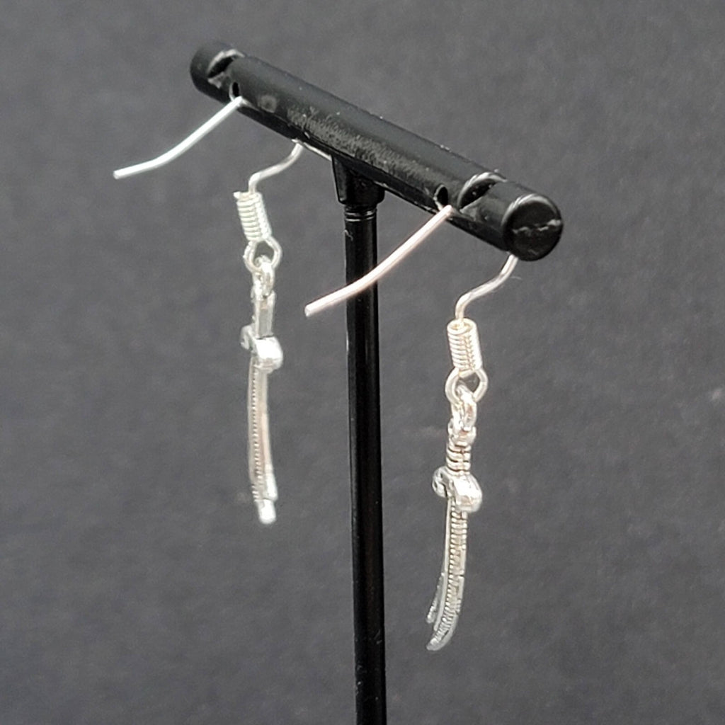 Pierced Earrings Scimitar Sword Silver tone Dangle 1"