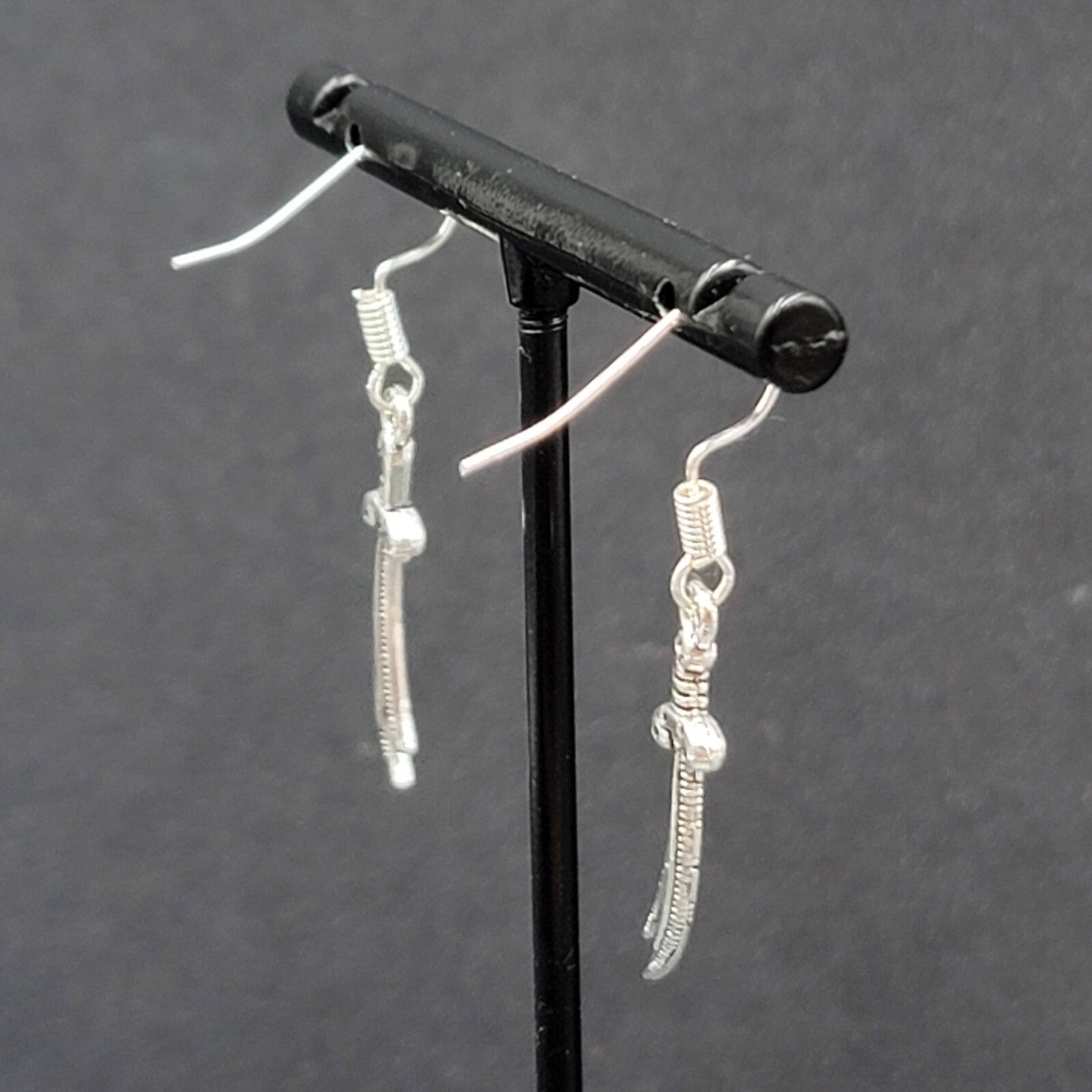Pierced Earrings Scimitar Sword Silver tone Dangle 1"