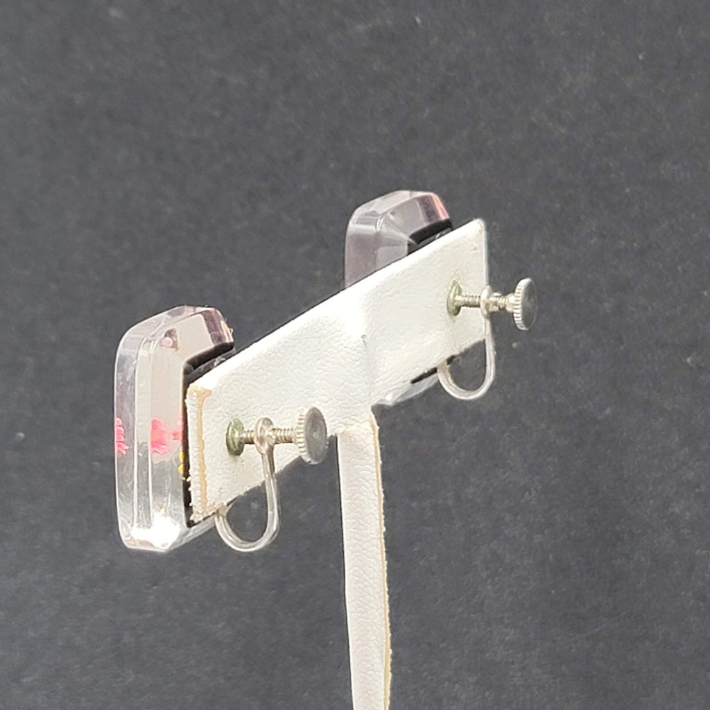 Vintage Clip on Earrings Reverse Carved Lucite Flower Drop 7/8"